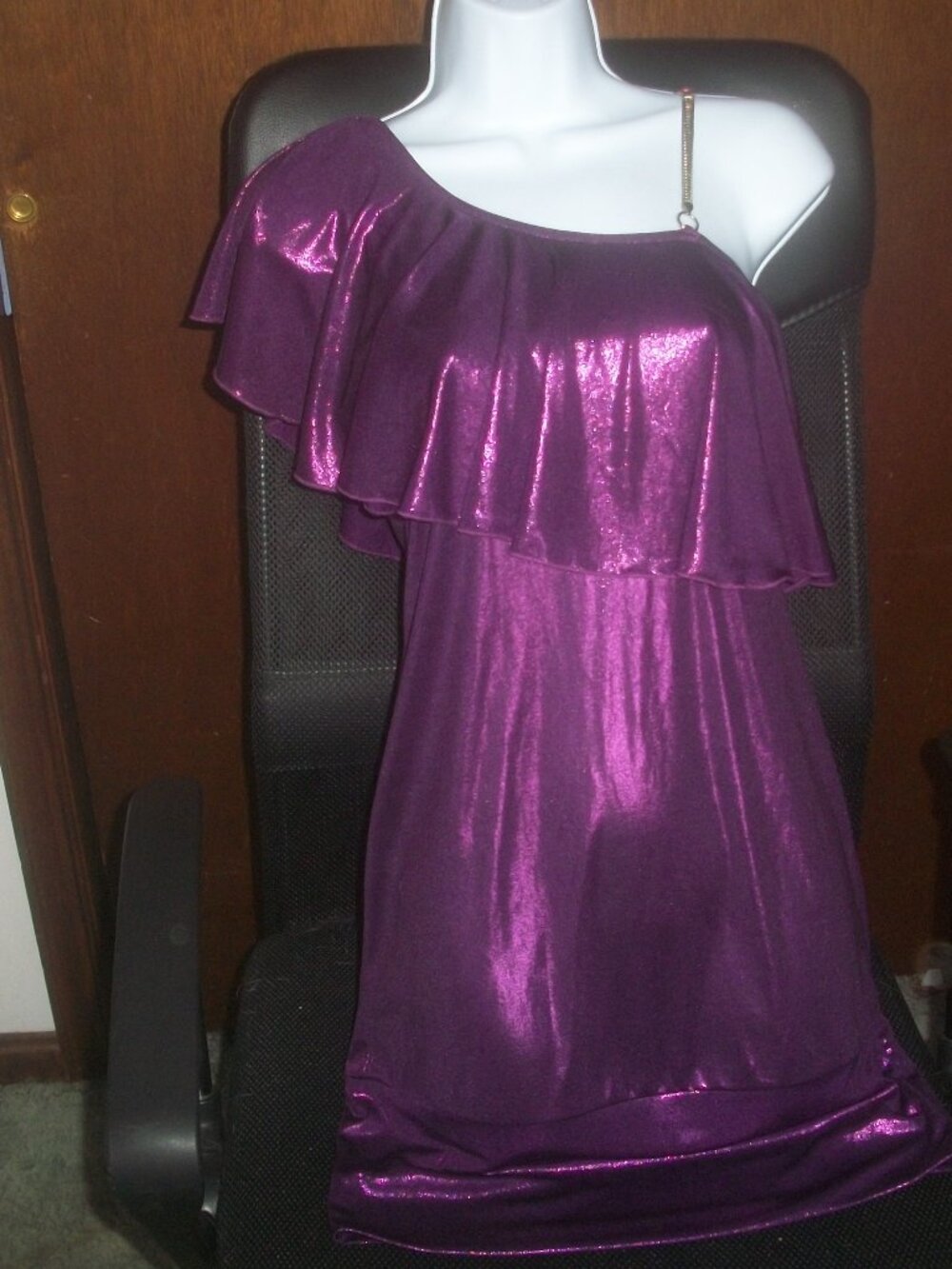 womens one shoulder dress.purple wet look.ruffled.size medium